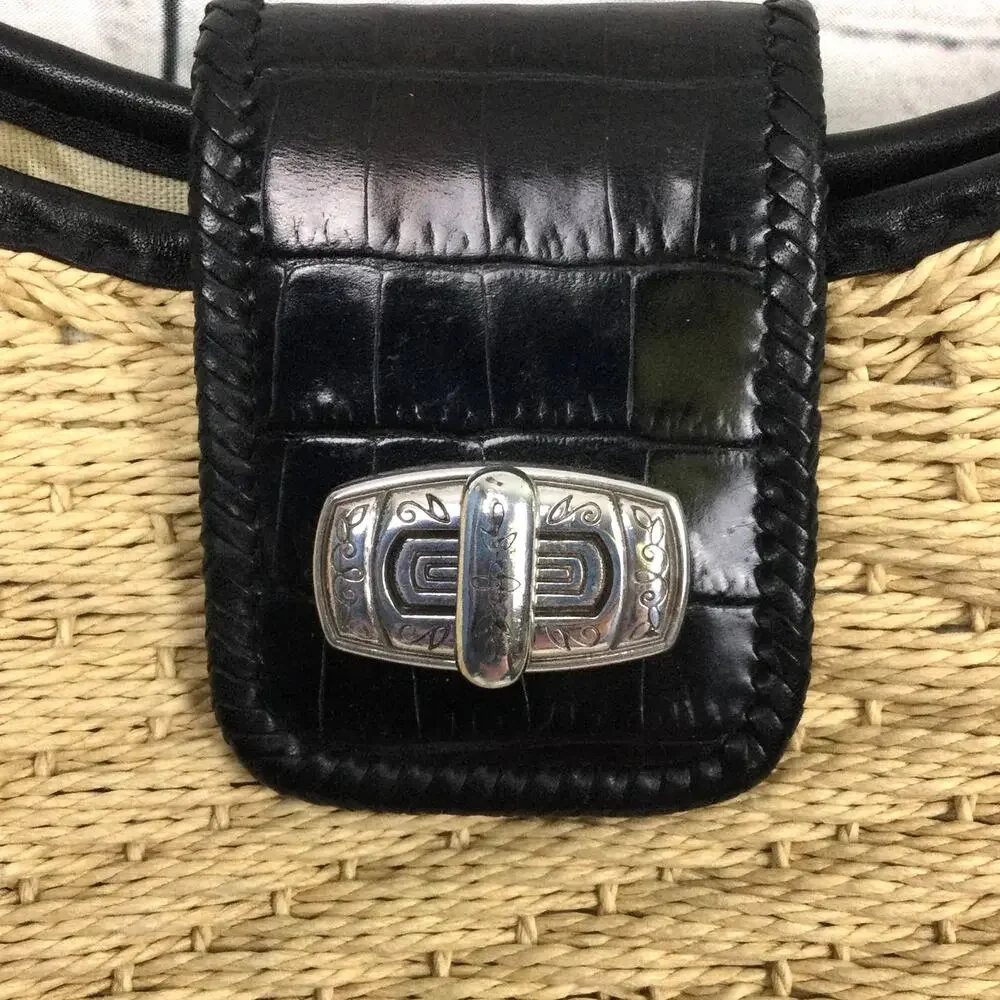 Brighton Cottagecore Cream Woven Straw Black Leather Braided Handle Baguette